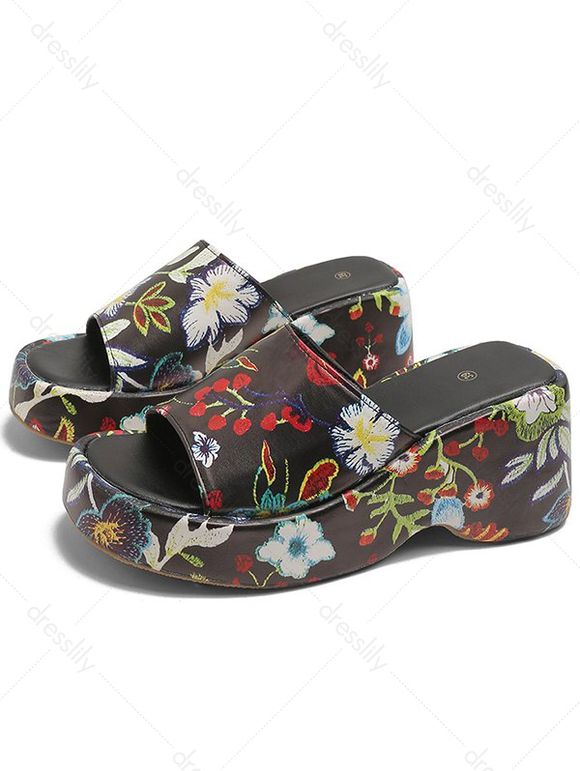 Floral Print Wedge Heel Slip On Casual Sandals - Noir EU 39