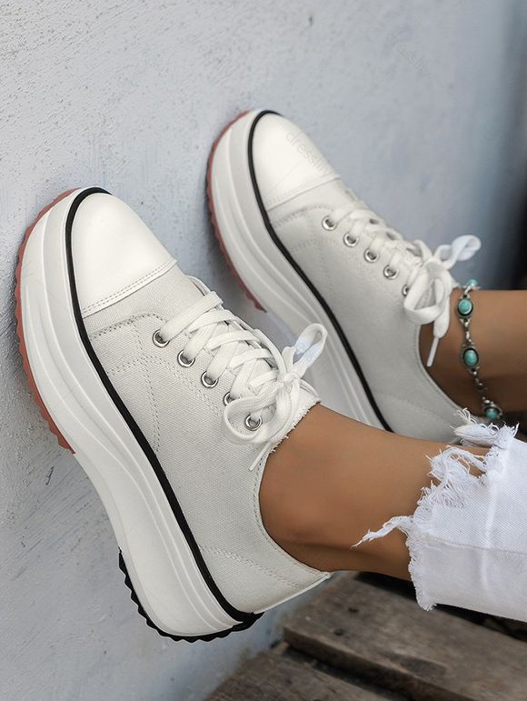 Contrast Piping Lace Up Chunky Heel Casual Canvas Shoes - Blanc EU 43