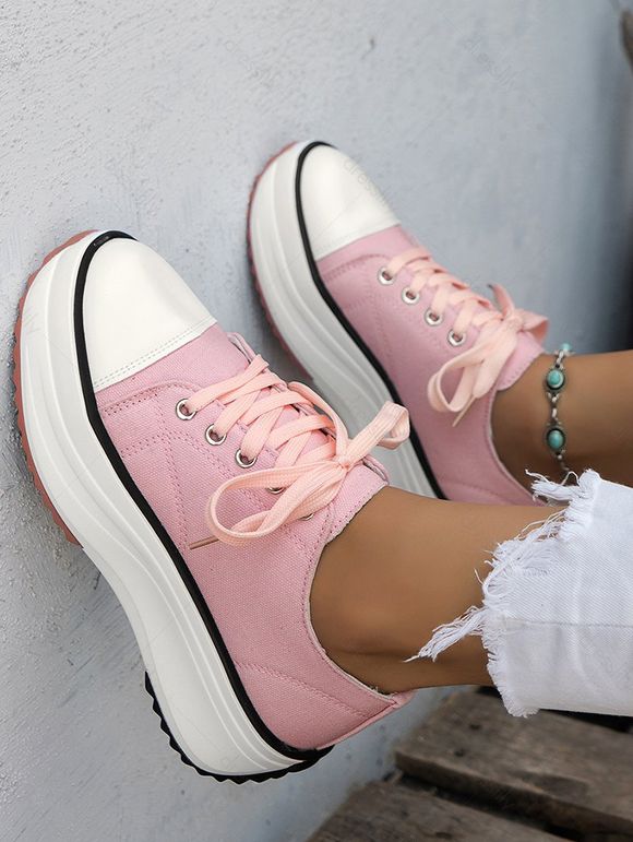 Contrast Piping Lace Up Chunky Heel Casual Canvas Shoes - Rose clair EU 42