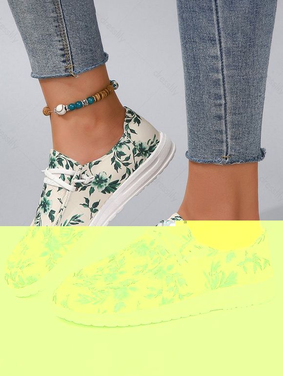 Leaves Allover Print Lace Up Casual Flat Shoes - multicolor A EU 40