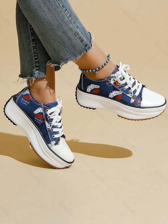 Lips Print Frayed Raw Hem Chunky Heel Casual Canvas Shoes - Bleu EU 42