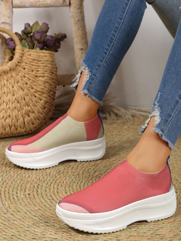 Colorblock Knit Detail Chunky Heel Slip On Casual Shoes - multicolor B EU 42