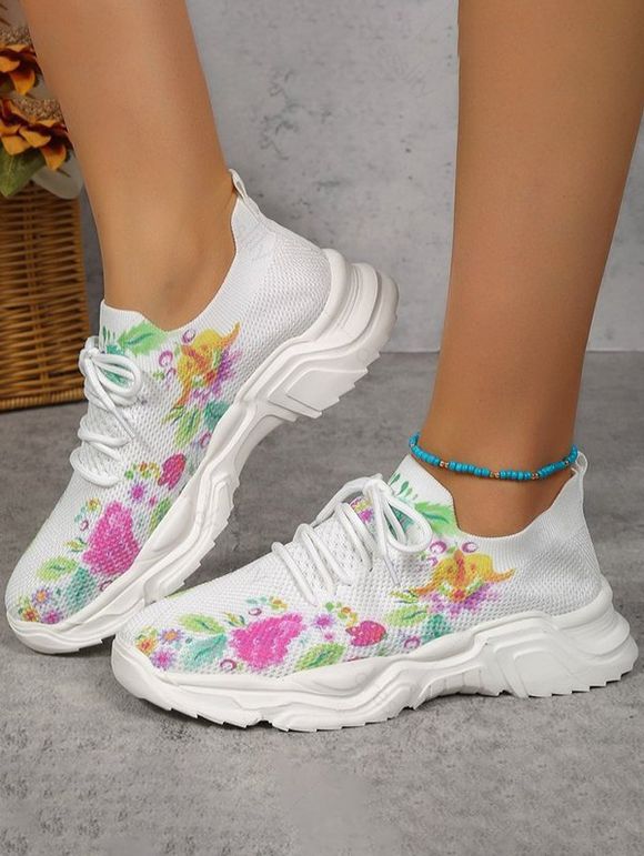 Floral Pattern Lace Up Breathable Sports Shoes - multicolor A EU 42