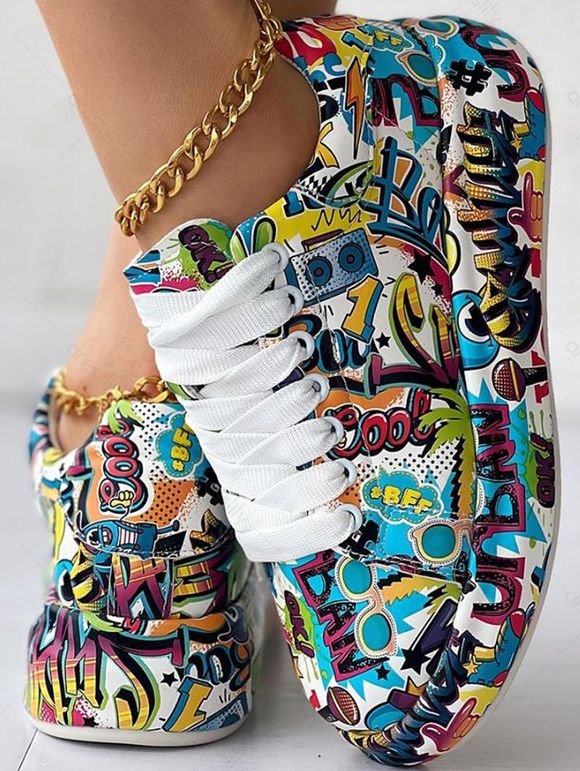 Graffiti Allover Print Lace Up Streetwear Casual Shoes - Vert EU 36