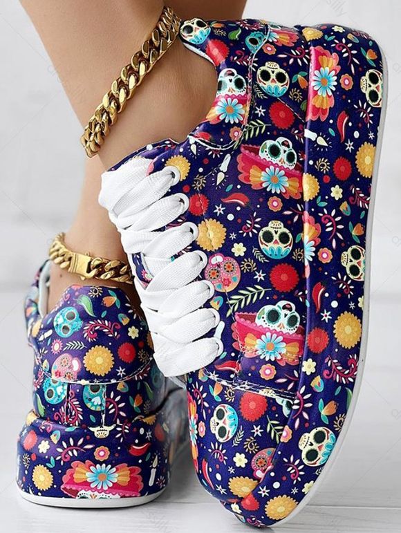 Halloween Graffiti Print Lace Up Chunky Heel Shoes - multicolor A EU 43