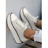 Contrast Piping Lace Up Chunky Heel Casual Canvas Shoes - Blanc EU 38