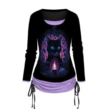 

Cat and Candle Print Top Colorblock Cinched Long Sleeve Faux Twinset Casual Top, Purple