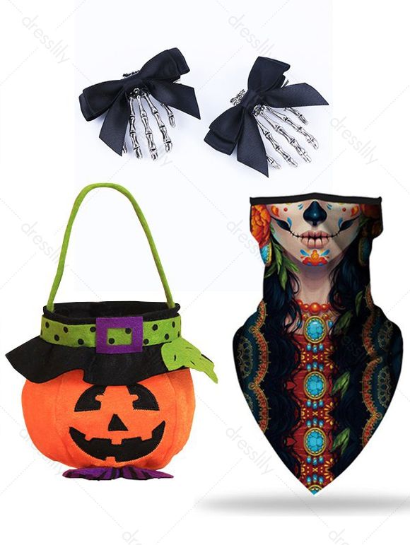 Halloween Skeleton Print Hanging Ear Mask and Bucket Candy Bag Skull Hair Comb Set - multicolor A 
