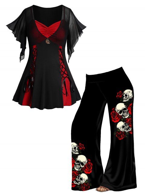 Plus Size Halloween Colorblock Lace Up Gothic Top and Wide Leg Pants Outfit