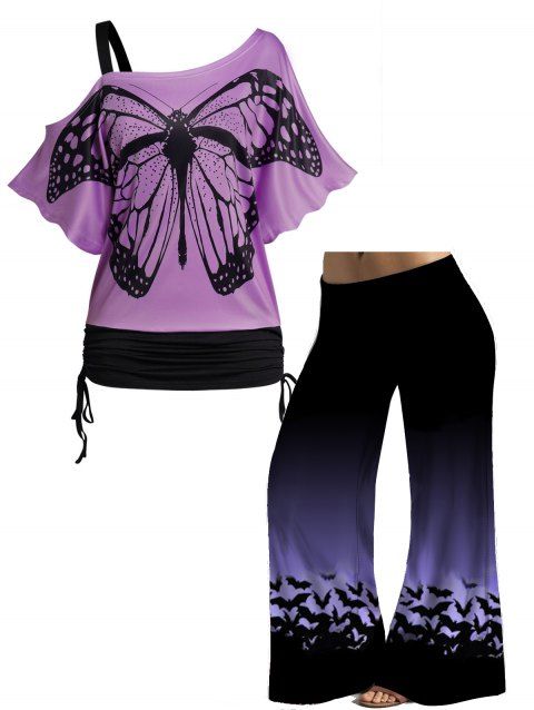 Plus Size Butterfly Print Skew Neck T Shirt and Halloween Wide Leg Pants Outfit