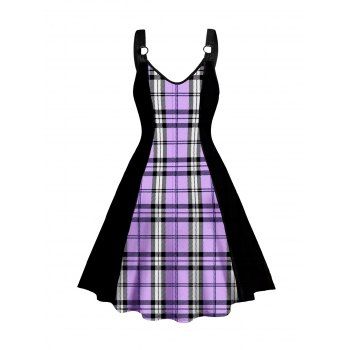 

Plus Size Colorblock Plaid Print Dress Sleeveless O Ring A Line Casual Midi Dress, Purple