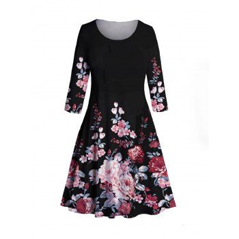 

Plus Size Flower Print Dress Round Neck A Line Casual Midi Dress, Black