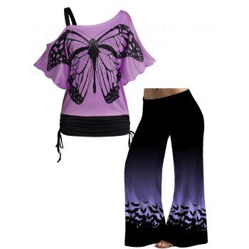 

Plus Size Butterfly Print Skew Neck T Shirt and Halloween Wide Leg Pants Outfit, Light purple