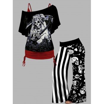 

Plus Size Halloween Skeleton Sickle Print Skew Neck Tops and Wide Leg Pants Outfit, Black