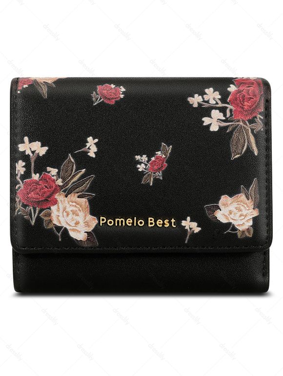 Mini Portefeuille Motif Fleur avec Trois Volets Multifonction - Noir S