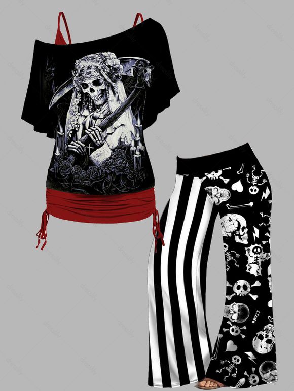 Plus Size Halloween Skeleton Sickle Print Skew Neck Tops and Wide Leg Pants Outfit - BLACK L | US 12
