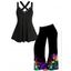 Plus Size Grommet Crossover Tank Top and Colorful Skull Print Middle Waist Pants Outfit - BLACK L | US 12
