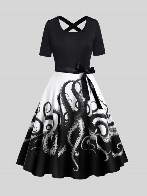 Colorblock Octopus Print Dress Belt Crossover A Line Casual Midi Dress