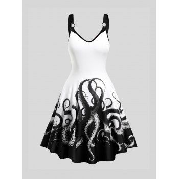 

Colorblock Octopus Print Dress Sleeveless O Ring A Line Casual Midi Dress, White