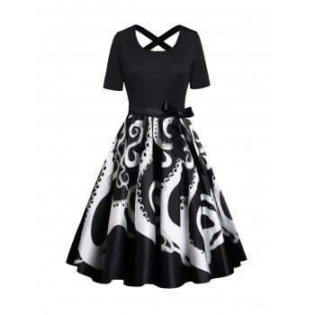 

Colorblock Octopus Print Dress Belt Crossover A Line Casual Midi Dress, Black