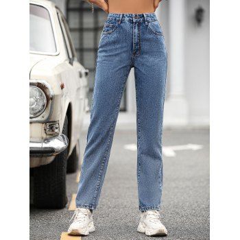

Light Wash Jeans Zip Fly Pockets Straight Middle Waist Casual Denim Pants, Blue