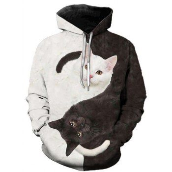 

Two Tone Cat 3D Print Hoodie Kangaroo Pocket Drawstring Casual Hoodie, Black