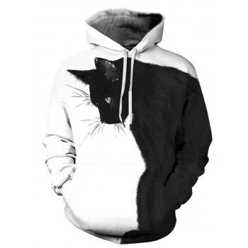 

Two Tone Cat Print Hoodie Kangaroo Pocket Drawstring Colorblock Hoodie, Black