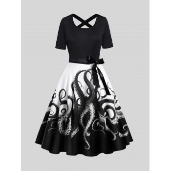 

Colorblock Octopus Print Dress Belt Crossover A Line Casual Midi Dress, White
