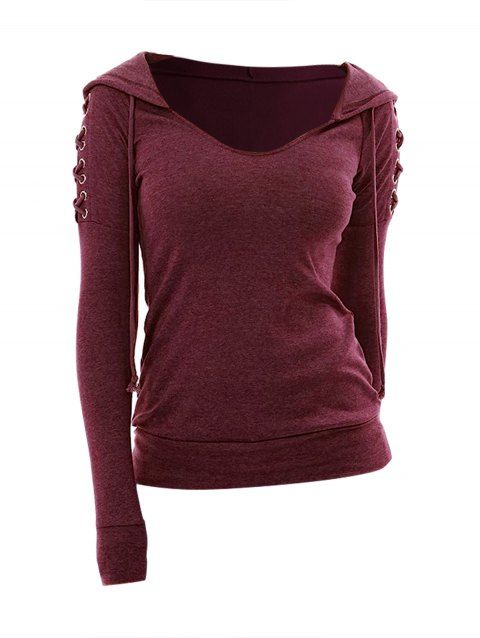 Lace Up Sleeve Knit Hooded Top Plain Color Long Sleeve Casual Top