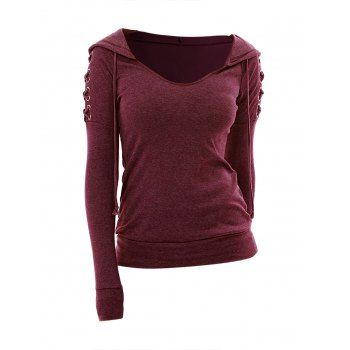 

Lace Up Sleeve Knit Hooded Top Plain Color Long Sleeve Casual Top, Deep red