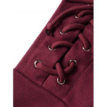 Lace Up Sleeve Knit Hooded Top Plain Color Long Sleeve Casual Top 