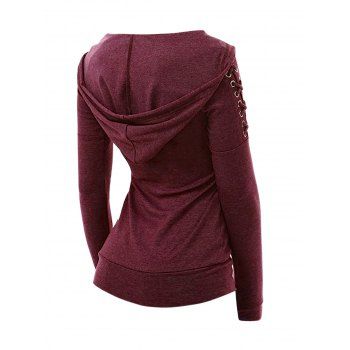 Lace Up Sleeve Knit Hooded Top Plain Color Long Sleeve Casual Top 