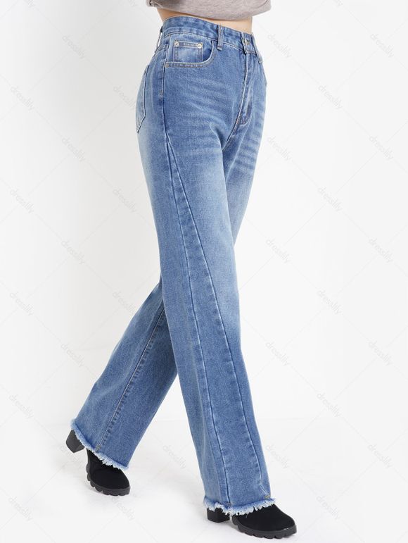 Pantalon Décontracté Tordu Zippé Taille Moyenne à Ourlet Brut avec Poche en Denim - Bleu L