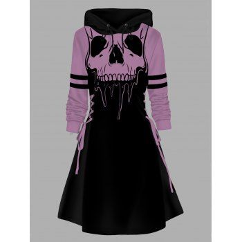 

Skull Print Hoodie Dress Lace Up Colorblock Mini Dress, Light pink