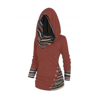 

Tribal Geometric Stripe Panel Hooded Knit Top Long Sleeve Mock Button Knitted Top, Light pink