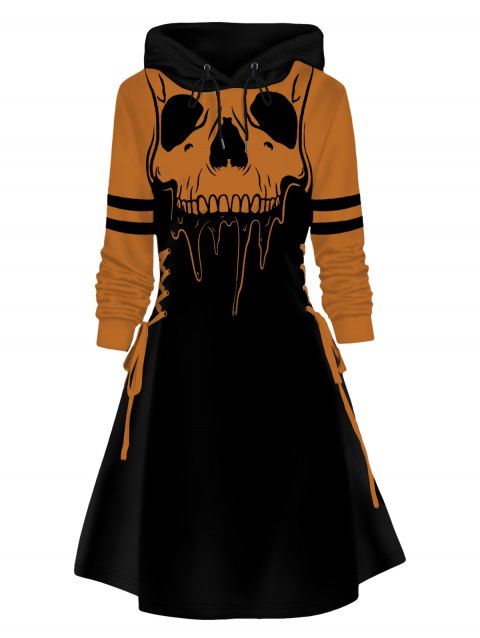 Skull Print Hoodie Dress Lace Up Colorblock Mini Dress