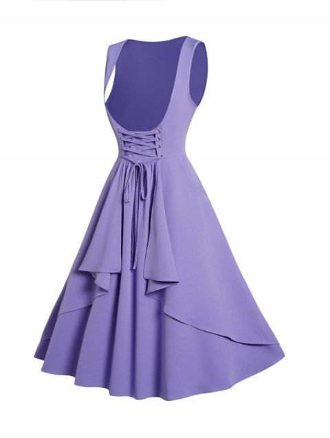 Lace Up Layered Dress Plain Color Sleeveless A Line Casual Midi Dress