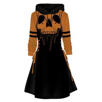 

Skull Print Hoodie Dress Lace Up Colorblock Mini Dress, Orange