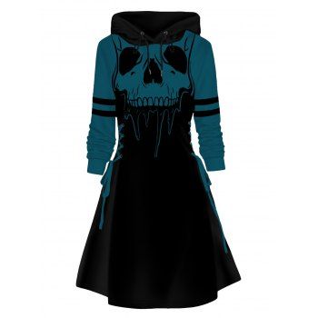 

Skull Print Hoodie Dress Lace Up Colorblock Mini Dress, Deep blue