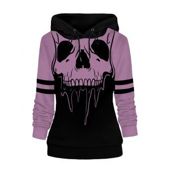 

Colorblock Halloween Skull Print Women Hoodie Long Sleeve Drawstring Hoodie, Light pink