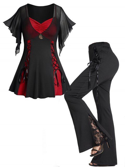 Plus Size Colorblock Lace Up Gothic Top and Lace Patchwork Flare Pants Outfit