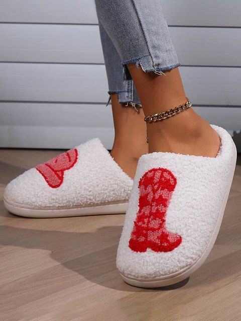 Colorblock Denim Boots and Hat Pattern Plush Bedroom Slippers