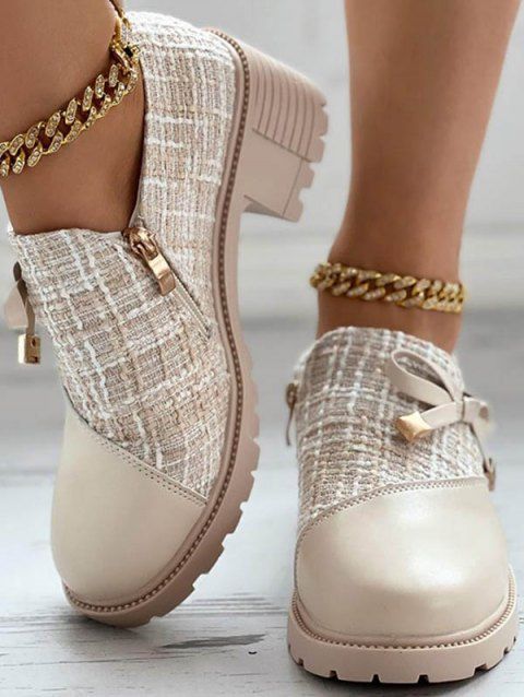 Retro British Style Tweed Patch Bowknot Chunky Heel Loafers