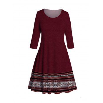 

Plus Size Ethnic Print Dress Round Neck A Line Casual Dress, Deep red