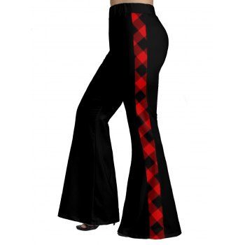 

Plus Size Plaid Print Flare Pants Colorblock Middle Waist Pants, Red
