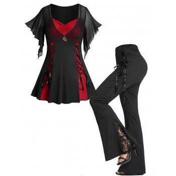 

Plus Size Colorblock Lace Up Gothic Top and Lace Patchwork Flare Pants Outfit, Black