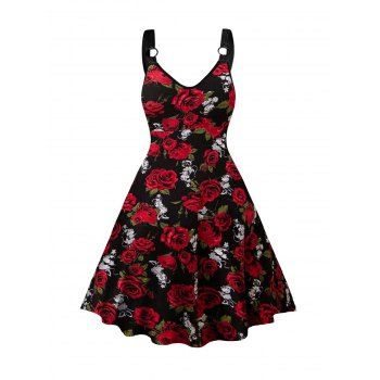 

Plus Size Rose Print Dress Sleeveless O Ring A Line Midi Dress, Deep red