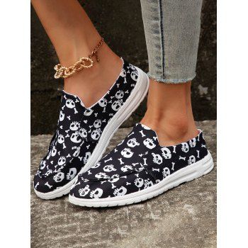 

Halloween Cute Skull Print Slip On Flat Canvas Shoes, Black
