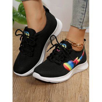 

Rainbow Heart Pattern Lace Up Breathable Sport Shoes, Black