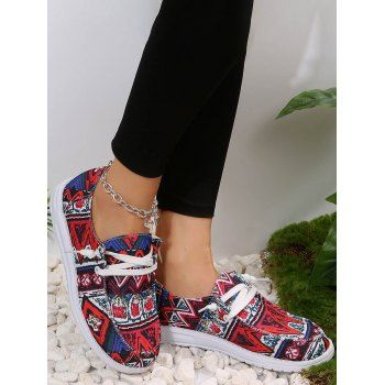 

Tribal Allover Print Lace Up Slip On Flat Canvas Shoes, Multicolor a